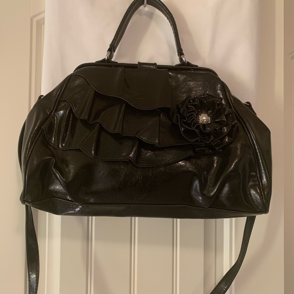 Nicole Black Shoulder Bag with Glossy Finish and Slouchy Shape